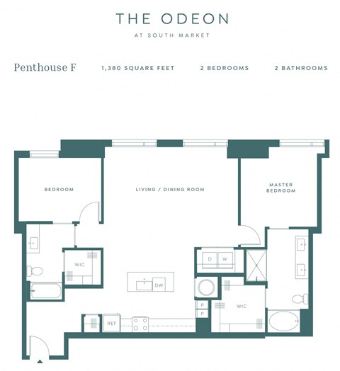Floor plan for 2 beds, 2 baths, 1380 sqft